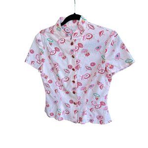 Handmade Blouse Bears Pink Umbrella Print Rockabilly Enameled Buttons Small
